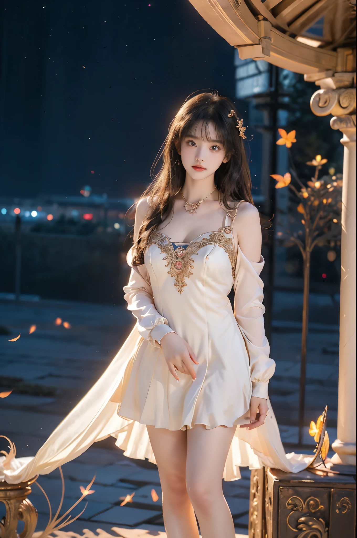 nogizaka_costume ((full body:1.4)), ((a beautiful fashion model)), ((in the ancient gazebo, antique in color, leaning against the ornate pillars of the gazebo under a starry night sky)), ((warm ambient lighting with a golden glow)), ((long, slender legs)), (professional fashion model pose, t-walk proportions), ((blue plasma flames subtly illuminating the scene)), (surrounded by glowing butterflies dancing in the air), ((leaning forward with one hand resting on her knee)), (elegant pose, full breasts with visible cleavage, very short hemlines revealing smooth thighs), (professional fashion model pose), (photorealistic, hyperrealistic details, perfect facial features), (fashion photography with professional lighting), (golden ratio composition), (perfect symmetry, sharp focus), (captured with a Canon EOS R5, 85mm portrait lens), (dramatic and volumetric lighting, cinematic effect), (ultra-detailed textures, 8k resolution), (high-end fashion editorial), ((nighttime ambiance with contrasting warm and cool tones)).