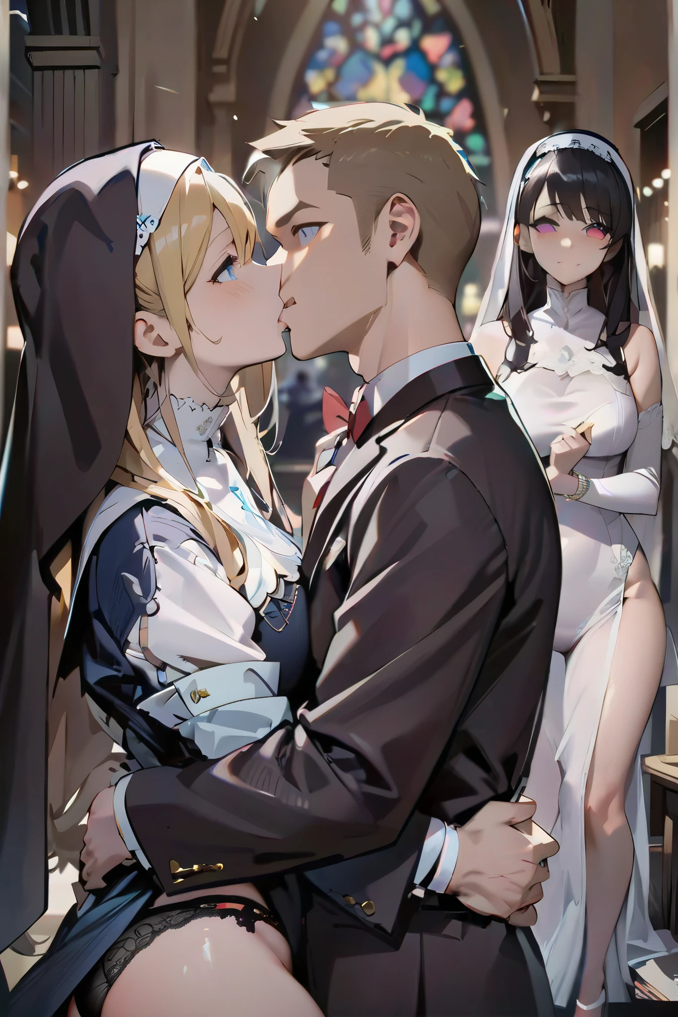  High Details ,  High Definition Model,  very detailed, Slanted Eyes,  looks back , 2 people kissing , brighter,Vividly , the woman in the foreground is looking at the camera,Change to brighter colors,Add background, Man Holding a Nun、Watch it The Bride , black underwear