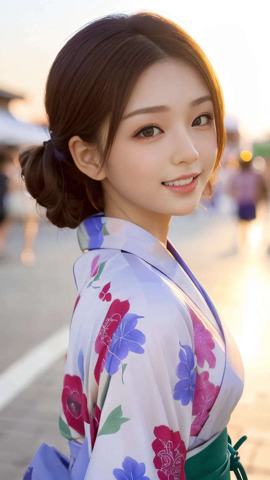 Looking at the camera,(((highest quality, 8k, masterpiece))), Sharp focus, (Beautiful woman with perfect figure), thin, (Hairstyle: superior)), (( kimono: Cane)), street: 1. 2 Highly Detailed Face and Skin Textures Detailed Eyes Double Eyelids Random Postures, (smile),ssuperiorer cute Japan person,ssuperiorer beauty Japanese girl, Realistic Face, double eyelid,smile,Summer festival , At sunset , Beautiful Teeth , Fireworks Background.