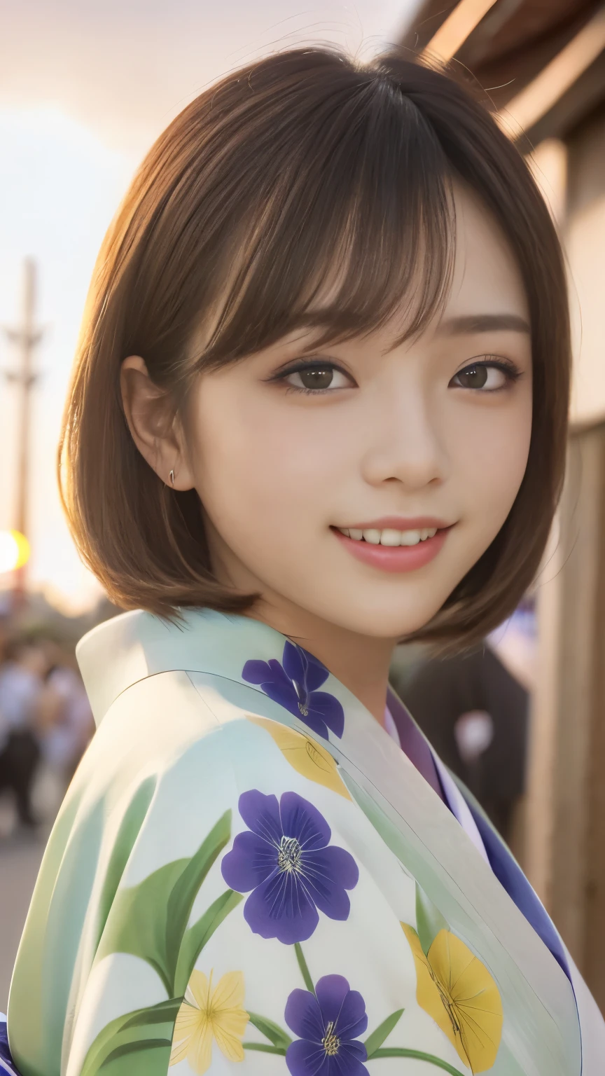 Looking at the camera,(((highest quality, 8k, masterpiece))), Sharp focus, (Beautiful woman with perfect figure), thin, (Hairstyle: superior)), (( kimono: Cane)), street: 1. 2 Highly Detailed Face and Skin Textures Detailed Eyes Double Eyelids Random Postures, (smile),ssuperiorer cute Japan person,ssuperiorer beauty Japanese girl, Realistic Face, double eyelid,smile,Summer festival , At sunset , Beautiful Teeth , Fireworks Background.