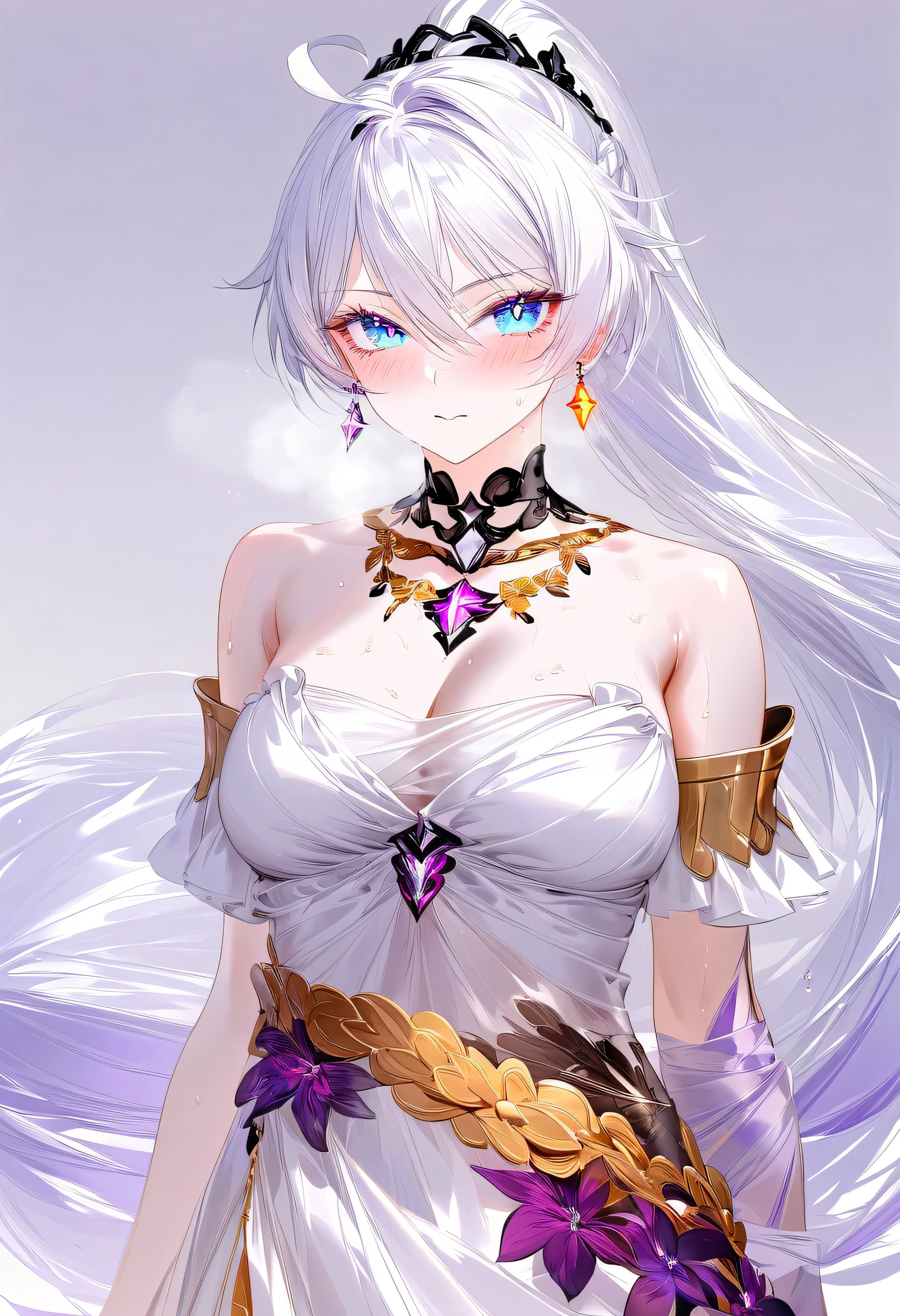 RAR, score_9, score_8_up, score_7_up, masterpiece, best quality, absurdres, vibrant, highly detailed, 1girl, adult grown woman, cowboy shot, kiana kaslana \(honkai impact 3rd\), herrscher of finality, white hair, ahoge, ponytail, very long hair, blue eyes, symbol-shaped pupils, blush, heavy breathing, closed mouth, sweat, greek goddess outfit, white draped gown, golden shoulder plate with intricate engravings, gold braided belt, flowing high slit dress, delicate gold chains, golden earrings with tassels, layered arm cuffs, elegant necklace with pendant