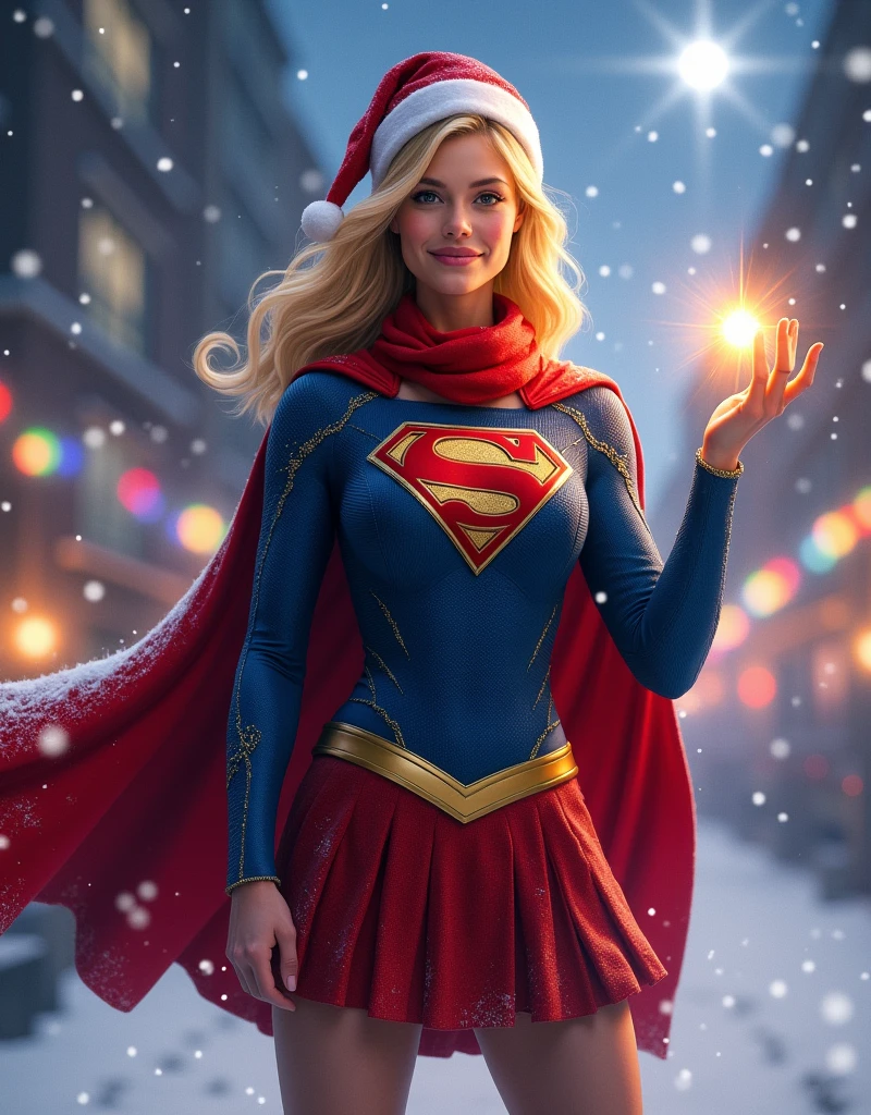 (best quality,4k,8k,highres,masterpiece:1.2),ultra-detailed,(realistic,photorealistic,photo-realistic:1.37),Supergirl wearing a Santa suit,beautiful detailed eyes,beautiful detailed lips,extremely detailed eyes and face,longeyelashes,red cape flowing in the wind,shiny golden tiara,costume with vibrant red and white colors,golden belt with a large "S" symbol,gloves with white trim and the "S" symbol on the back,flying in the sky with skyscrapers and snow-covered rooftops below,fairy lights twinkling in the background,graceful and confident pose,smiling with joy,sparkling snowflakes falling around her,city covered in a blanket of snow,glowing moon shining brightly,celebratory atmosphere,urban landscape decorated with Christmas lights and ornaments,children below looking up in awe,warm and inviting ambiance,cheerful and festive mood,colorful presents scattered on the ground in front of her,powerful and awe-inspiring presence,bokeh lights adding a magical touch,holiday spirit in the air,excitement and anticipation for Christmas,world filled with hope and happiness.
lamplight:
The scene is softly lit with warm yellow light, casting a gentle glow on Supergirl's face and illuminating the surrounding area. The moonlight bathes the landscape in a soft, silvery light, creating a dreamy and enchanting atmosphere. The city below is adorned with colorful Christmas lights, adding a festive and joyful ambiance to the scene. The fairy lights in the background twinkle and create a magical aura, enhancing the overall charm of the artwork.