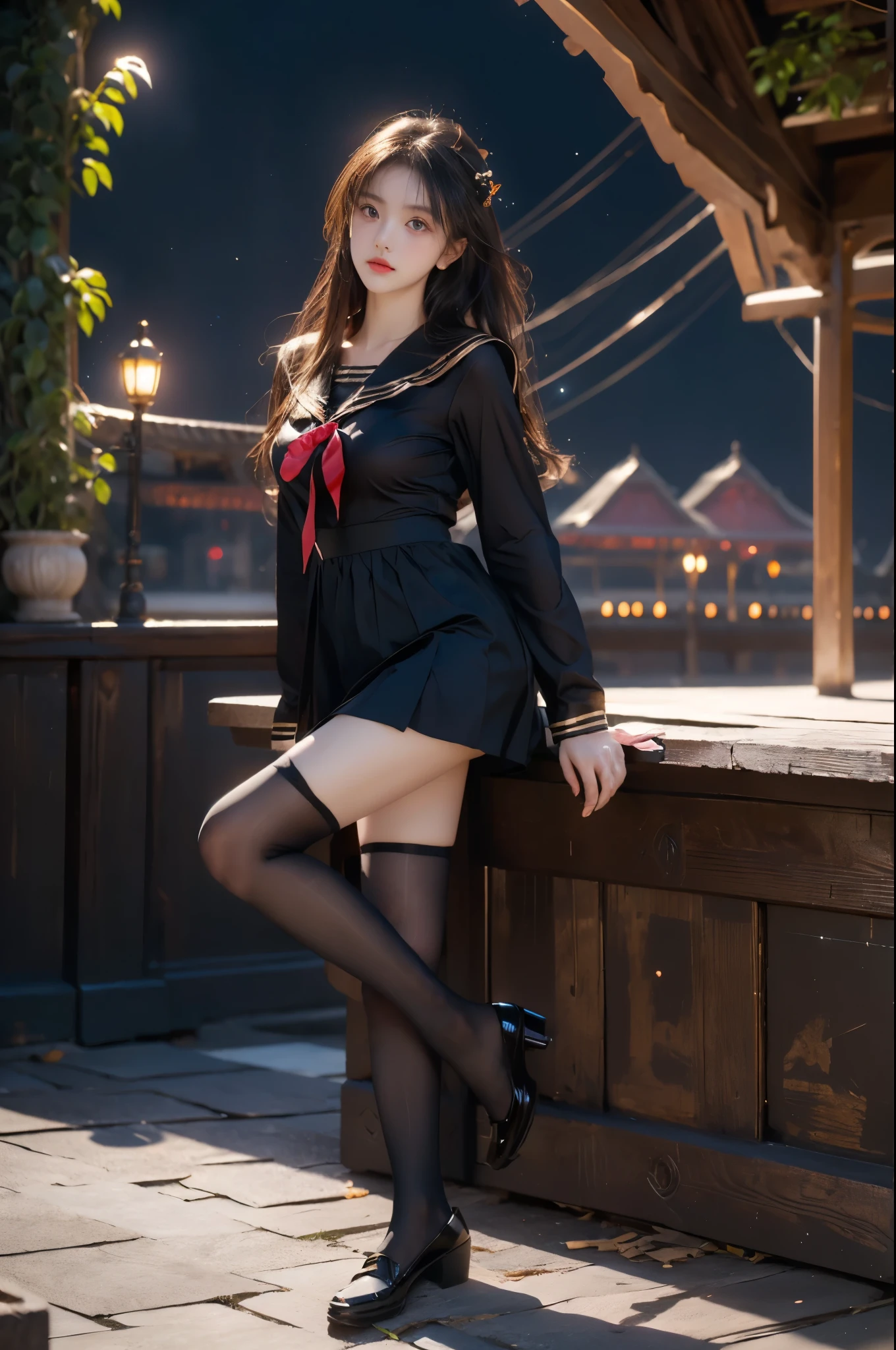 tutututu black school uniform black serafuku sailor collar black miniskirt long sleeves ((full body:1.4)), ((a beautiful fashion model)), ((in the ancient gazebo, antique in color, leaning against the ornate pillars of the gazebo under a starry night sky)), ((warm ambient lighting with a golden glow)), (anatomically perfect legs:1.4), (long slender legs:1.3), (professional fashion model pose, t-walk proportions), ((blue plasma flames subtly illuminating the scene)), (surrounded by glowing butterflies dancing in the air), ((leaning forward with one hand resting on her knee)), (elegant pose, full breasts with visible cleavage, very short hemlines revealing smooth thighs), (professional fashion model pose), (photorealistic, hyperrealistic details, perfect facial features), (fashion photography with professional lighting), (golden ratio composition), (perfect symmetry, sharp focus), (captured with a Canon EOS R5, 85mm portrait lens), (dramatic and volumetric lighting, cinematic effect), (ultra-detailed textures, 8k resolution), (high-end fashion editorial), ((nighttime ambiance with contrasting warm and cool tones)).