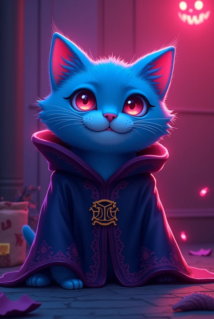 A photorealistic, K64-style small, comical, and cute chubby blue cat, draped in a Gothic-themed robe with intricate patterns. The design combines flat anime and flat neon aesthetics with vibrant neon colors, evoking the mood of a horror animation. The setting features glowing, eerie lighting that enhances the Gothic and horror themes, while maintaining the cat's charming and whimsical appearance