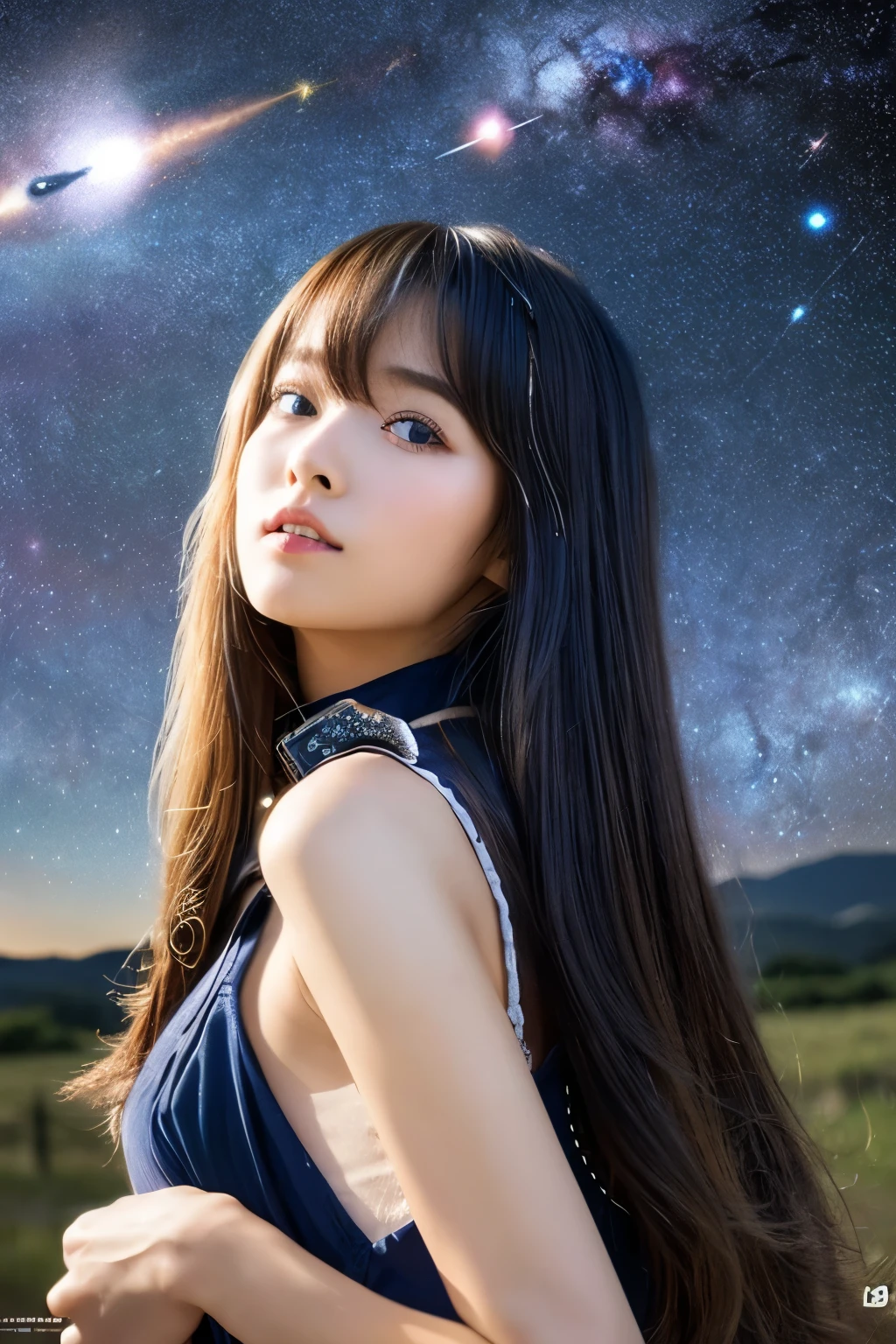 ((Starry、milky way galaxy、hair blowing in the wind、No makeup:1.2))、(realistic、Photoreal、super detailed、best detailed skins、highest quality、masterpiece、超A high resolution)、cute russian woman、s、high school girl、young girl、1 girl、have bangs、ash blonde:1.7、double eyelid、drooling eyes、Japanese style face、purity、realistic肌タイプ、thick muffler、Gray muffler、fluffy hair、((There&#39;s hair in the scarf:1.3))、red cheeks、The wind is blowing、It&#39;s snowing、night、illumination、lighting from behind、hair blowing in the wind