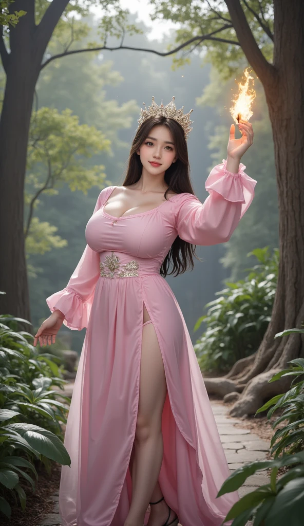  anime-style woman dressed in pink holding a flame in her hand, Anime Goddess,  a sexy maid in a magical forest ,  A beautiful fantasy queen,  Extremely fine portrait of a goddess , Smooth and fair skin, A huge charming goddess shoots ,  trending on cgstation , Goddess of Light , (( A beautiful fantasy queen)),  best art station fanart ,  a beautiful and attractive anime woman 
