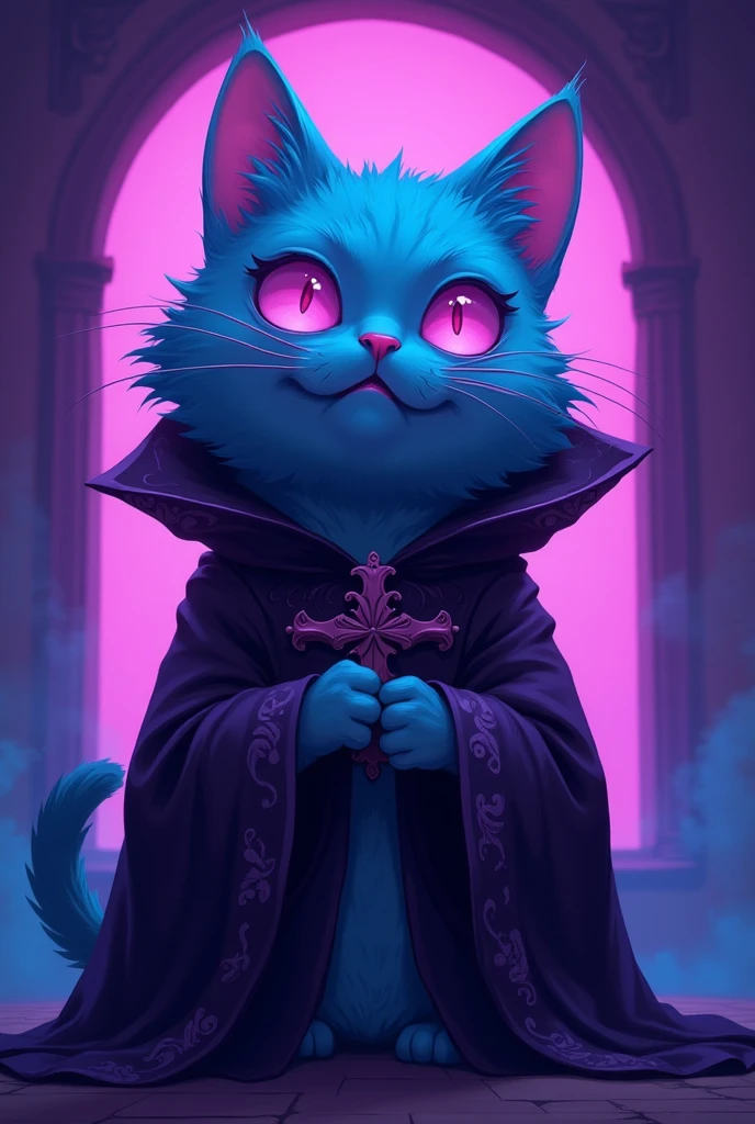 A photorealistic, K64-style small, comical, and cute chubby blue cat, draped in a Gothic-themed robe with intricate patterns. The design combines flat anime and flat neon aesthetics with vibrant neon colors, evoking the mood of a horror animation. The setting features glowing, eerie lighting that enhances the Gothic and horror themes, while maintaining the cat's charming and whimsical appearance