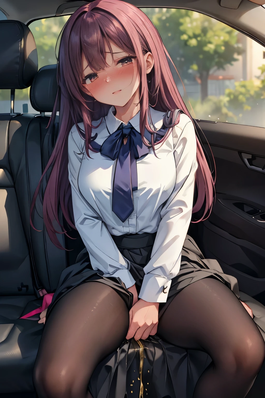 (8K, ultra-detailed, best quality, anatomically perfect body:2), (beautiful breast:1.2), shiny skin, (1 girl), (have to pee), (desperate urge to pee), (very desperate to pee), (her bladder is at its limit:1.5), (in the car, sitting very shallowly:1.6), (She wants to stand up so she lifts her hips from seat:1.2), (fidgeting:1.5), wetting self, (blouse, maxi skirt:1.6), (pantyhose:1.3), ankle boots, panty pull, (Untidy hair:1.4), (She grab her crotch very hard:1.6), (leaning backward), (close your thighs tightly:1.6), (shrugs:1.7), (orgasm:1.5), (full face blush:1.7), (embarrassment:1.6), (impatience:1.7), (flustered:1.5), (flowing sweat:0.7), (twist whole body:1.4), (panting), breathless, (Humiliation), (Erotic feelings), (closed eyes:0.95), (She is very arousal to hold pee), (tear), (head tilt:1.1), (parted lips:1.1), (SIGMA 105 mm F/2.8, 1/100 sec shutter, award-winning), from side, nsfw,