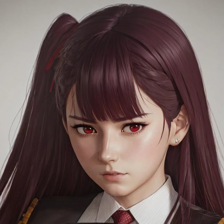     There is a woman with long hair who wears a suit and tie., colegiala hiperrealistic, a colegiala hiperrealistic, Realistic young anime girl     ,     Anime-style realism    ,  estilo de arte anime realistic ,  estilo de arte de anime realistic , Estilo anime 3D realistic, portrait of an anime girl,      artwork in the style of Guweiz     , Detailed portrait of an anime girl,     incredible anime face portrait    .  model,    of Argentine origin ( beautiful,elegant,sexy)  y asian ( beautiful,sexy,linda) ,     just looking at the viewer  , (realistic:1.4), (:1.0), Ojos rojos,     Round pupils     (perfecta), eyelashes(perfecta),form (perfecta),form(better light),  beautiful eyes,  big eyes,  semisharp eyes,shirt, jacket, red tie,  white skin  ,  white skin  pálida, white skin(better light),(  burgundy hair color    ), Braid, (one side up:1.2), (     hair band   ), (blush, ashamed), (while getting angry),(Detailed, ultra-Detailed, high Detailed, ultra realistic 8k CG,     perfect artwork, lyrical), wooden table, flores, information,  no benefit   