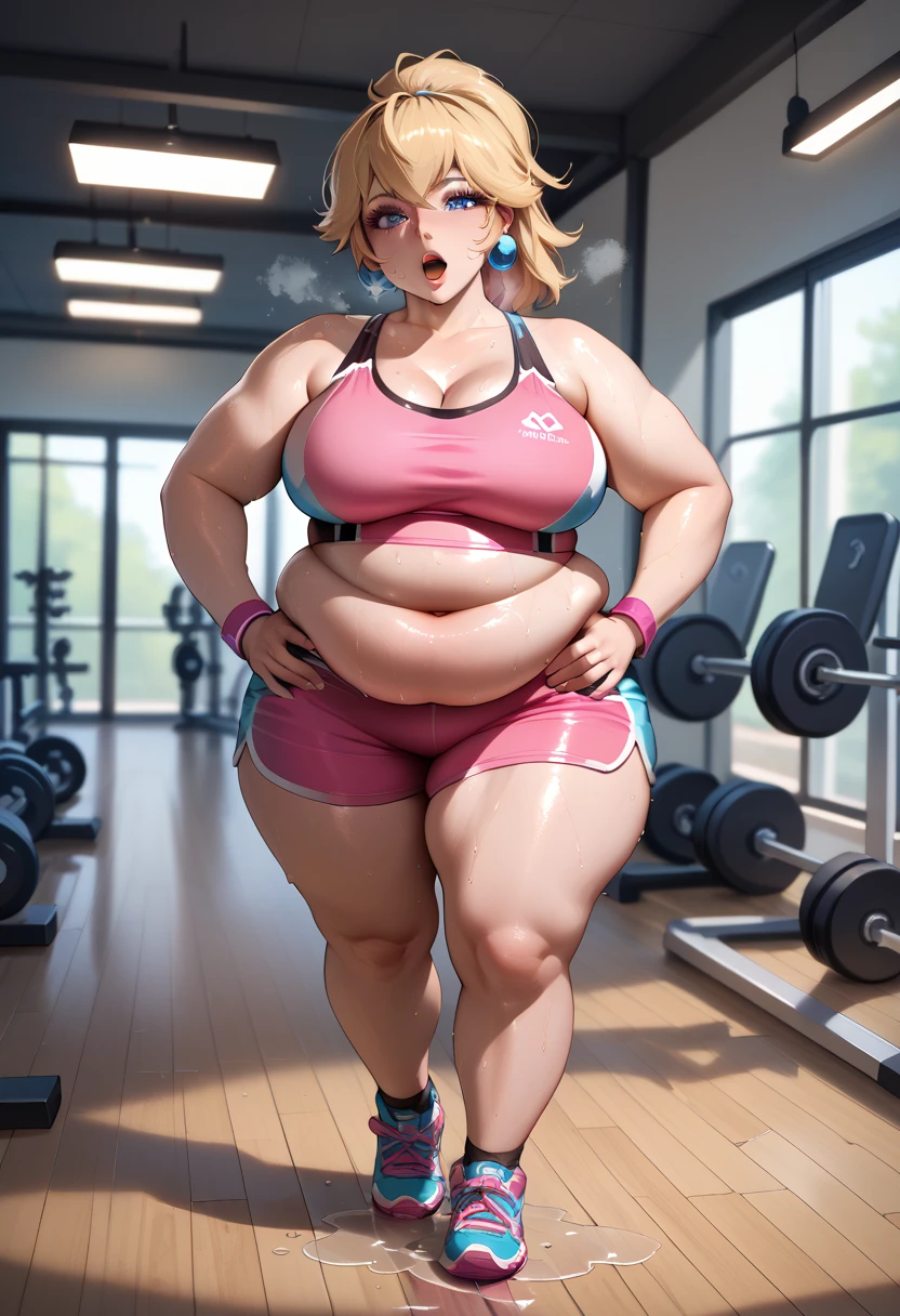 score_9, score_8_up, score_7_up, BREAK,princesspeach, 1girl, solo, , blonde hair, ponytail, jewelry, bracelet, makeup, casual, cowboy shot, blue eyes, looking at the viewer, large breasts, hands on hips, tight pink tanktop, sweaty, tight pink shorts, sweating profusely, open mouth, exhausted, heavy breathing, puddle of sweat on the ground, steam coming out her mouth, gym, indoors, thick, obese, soft belly, chubby, wide hips, sexy hips, full body, big belly, thicc thighs
