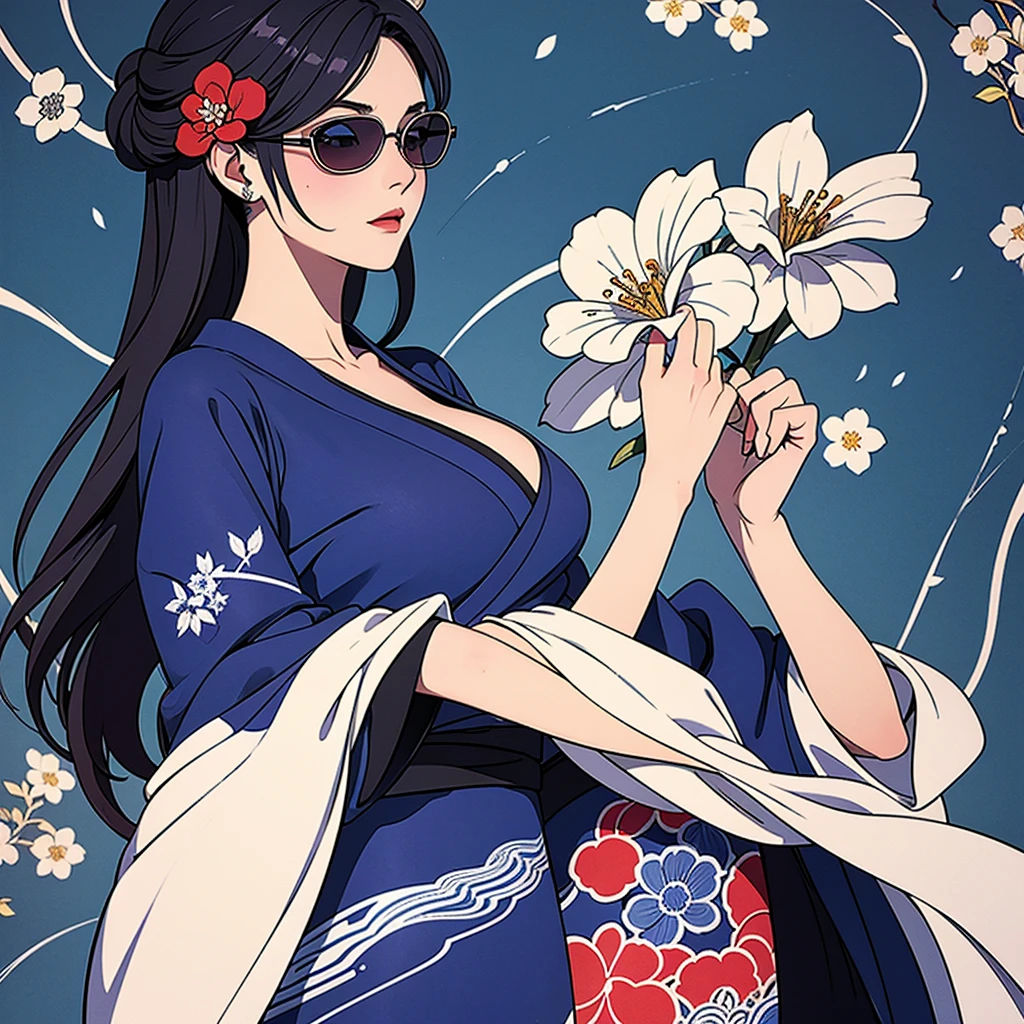 1woman, happy modern anime body with blue eyes and gothic eyeliner, beautiful round sunglasses, tattoos on face, arms behind back and hidden, flower kimono, half body, contemporary traditional Japanese painting background, traditional Japanese painting background art