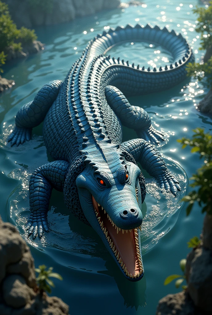 A fully grown crocodile with an elegant but intimidating design. It has wave-like ridges along its back and a tail that whips up whirlpools.It has a blue,sleek skin.
