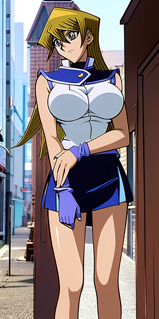 Tenjoin Asuka, who has big breasts, beautiful legs, and is wearing a miniskirt, is blushing and standing in the hallway。 high image quality。