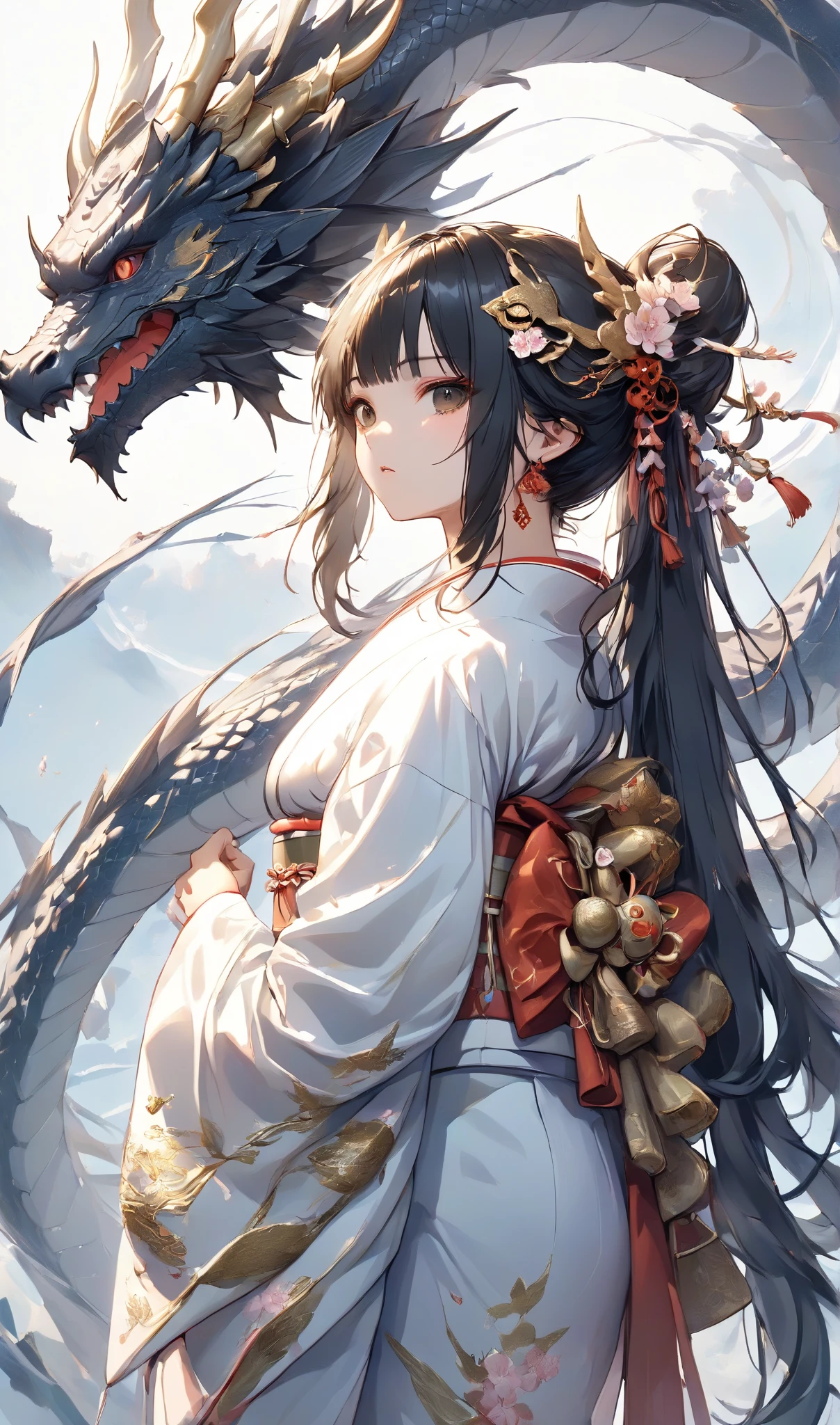 masterpiece, high quality, high resolution, 16K, highly detailed background, digital painting, unreal engine, Makoto Shinkai illustration, hyperrealistic, fantasy, petite girl in kimono, dragon horns, some skin with dragon scales, long eyelashes, beautiful face, beautiful skin, full body, black ponytail, two-tone hair, black eyes, white Kimono, finely drawn ancient black giant dragon menacing, guarding behind girl, on cliff