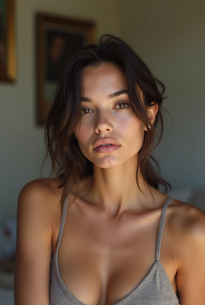photorealistic, ultra-detailed, belle femme, photo de portrait, Seul, training, porter un haut court ,regarder dans la caméra ,light scene, matin lumineux, L'essence de la vraie vie, cheveux bruns, vingt ans, heureux , Lampes de poche, medium neckline ,Ciel cristallin, style analogique, grain de film, meilleure teinte, primitif, LUT fait Instagram.