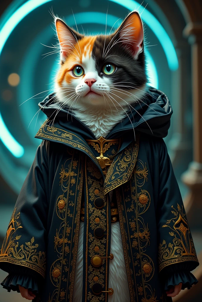 A photorealistic, K64-style small, comical, and cute chubby calico cat, draped in a black and gold robe with intricate Gothic patterns. Add a whimsical yet eerie Tim Burton-inspired horror element, with exaggerated features, spiraling backgrounds, and a playfully spooky atmosphere. The scene is illuminated with glowing neon accents and subtle shadows, blending a comical and slightly macabre vibe.