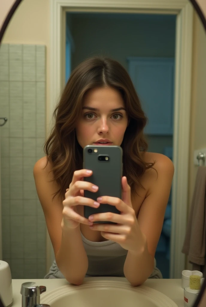 (masterpiece, best quality:1.2), 1girl, solo Mandy Moore, dressed in blue lingerie, bites her lip as she takes a selfie in a classy bathroom