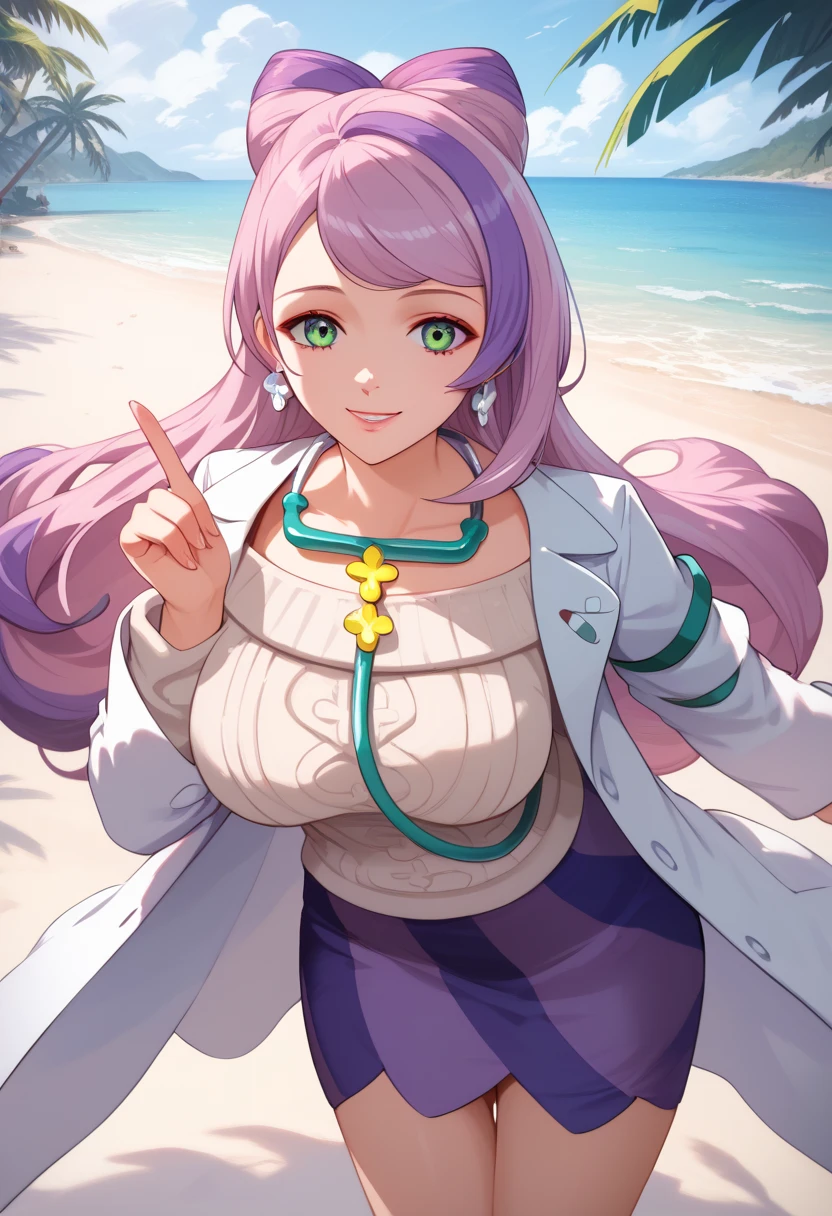 ((((MASTERPIECE)))), best quality, 1 girl, solomiriam, green eyes, multicolored hair, large breasts,earrings, labcoat, stethoscope, white sweater, purple skirt, striped skirt,Beautiful attention to detail:1.2, (perfect hand, perfect anatomy), super detailed, beautiful face,beach, smile ,index finger on own chinl:1.5,Full Shot