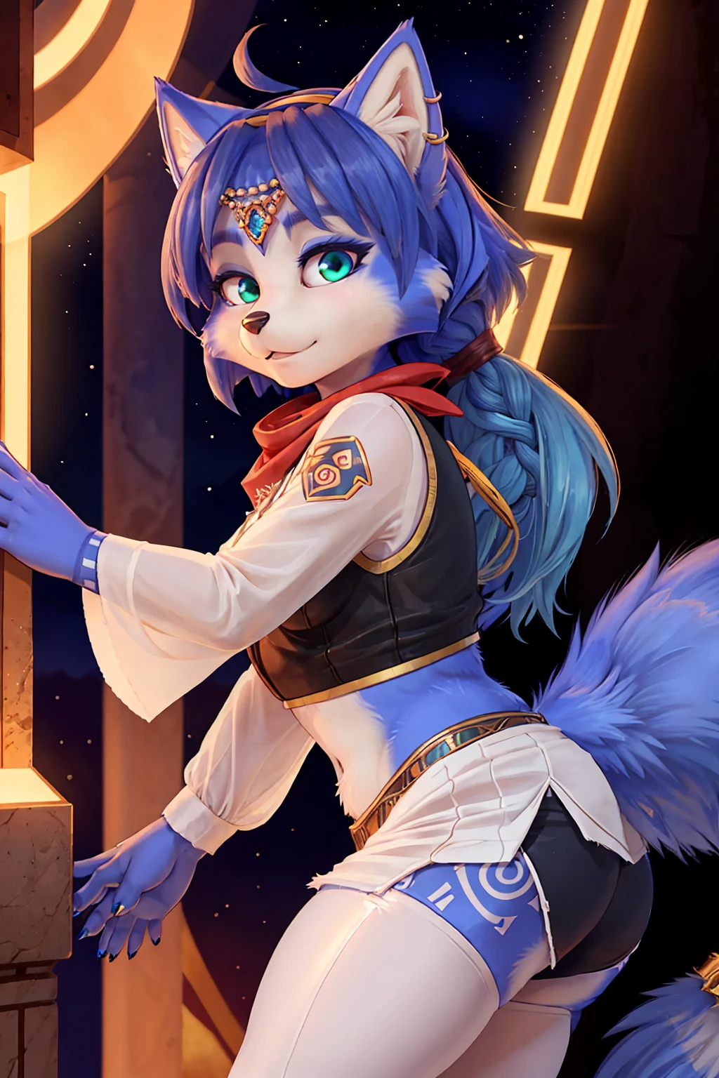 A beautiful and detailed (sweet picture ) wa ((krystal)), Star Fox krystal, sslim, green eyes, medium breasts, (((Long blue hair 1.3))), Decollete, look up, anthro, furry, Uploaded E621, detailed fluffy fur, (wa Fluff-Kevlar, Bayard Wu, personalize me, Pino Daeni), detailed face, (fluffy), 1 girl, alone, Sweet young girl, Viewers look at, smile, (((trägt die Kleidung wa ganyu aus genshin impact:1.5))),