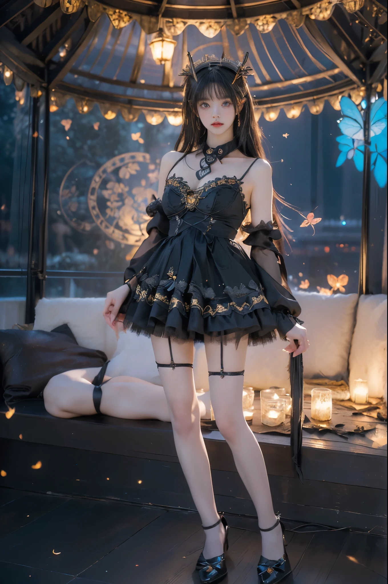 black thighhighs,dress,killer,maid,maid headdress,thighhighs, ((full body:1.4)), ((a beautiful fashion model)), ((in the ancient gazebo, antique in color, leaning against the ornate pillars of the gazebo under a starry night sky)), ((warm ambient lighting with a golden glow)), (anatomically perfect legs:1.4), (long slender legs:1.3), (professional fashion model pose, t-walk proportions), ((blue plasma flames subtly illuminating the scene)), (surrounded by glowing butterflies dancing in the air), ((leaning forward with one hand resting on her knee)), (elegant pose, full breasts with visible cleavage, very short hemlines revealing smooth thighs), (professional fashion model pose), (photorealistic, hyperrealistic details, perfect facial features), (fashion photography with professional lighting), (golden ratio composition), (perfect symmetry, sharp focus), (captured with a Canon EOS R5, 85mm portrait lens), (dramatic and volumetric lighting, cinematic effect), (ultra-detailed textures, 8k resolution), (high-end fashion editorial), ((nighttime ambiance with contrasting warm and cool tones)).