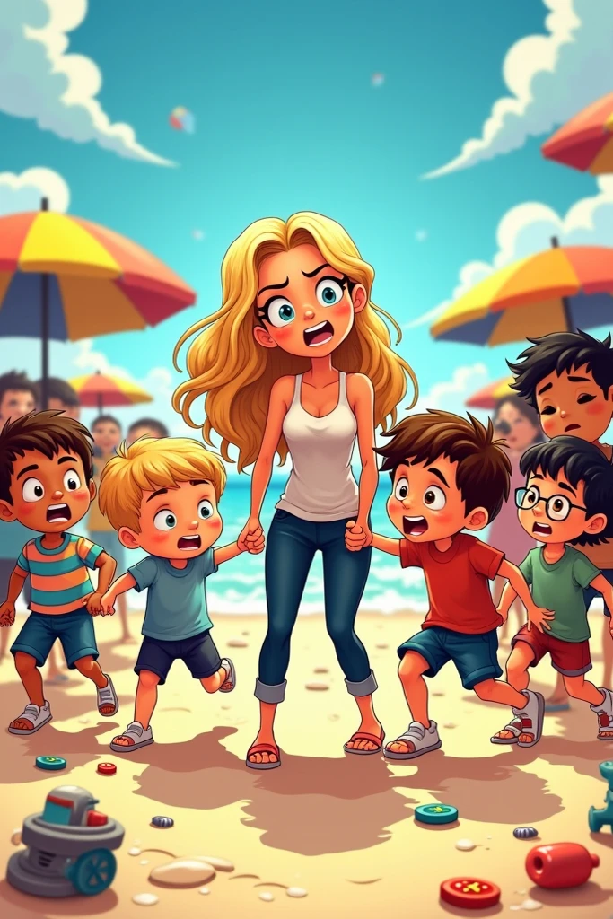 Scène :
Une mère blonde, avec des cheveux longs comme sur l'image, se tient au milieu d'un groupe de ses 10 enfants. Elle a une expression très énervée, tenant la main de certains d'entre eux, tandis que les autres rigolent et courent dans tous les sens.
Les enfants :
Deux garçons bruns aux cheveux bouclés et aux yeux marron.
Deux jumeaux (garçons) : l’un avec une coupe de cheveux « middle part », l’autre avec des cheveux courts et ébouriffés.
Un garçon typé « indien », avec une coupe « middle part ».
Un garçon blond aux yeux bleus, portant des lunettes, avec une coupe « middle part ».
Un petit garçon avec des cheveux châtains ébouriffés.
Les autres enfants peuvent être légèrement en arrière-plan, ajoutant à la confusion.
Style :
Cartoon coloré, très expressif, montrant clairement la frustration de la mère et l’amusement incontrôlable des enfants. Le décor peut être une plage ensoleillée avec des parasols, des jouets éparpillés, et des vagues en arrière-plan pour refléter la légèreté malgré le chaos.
