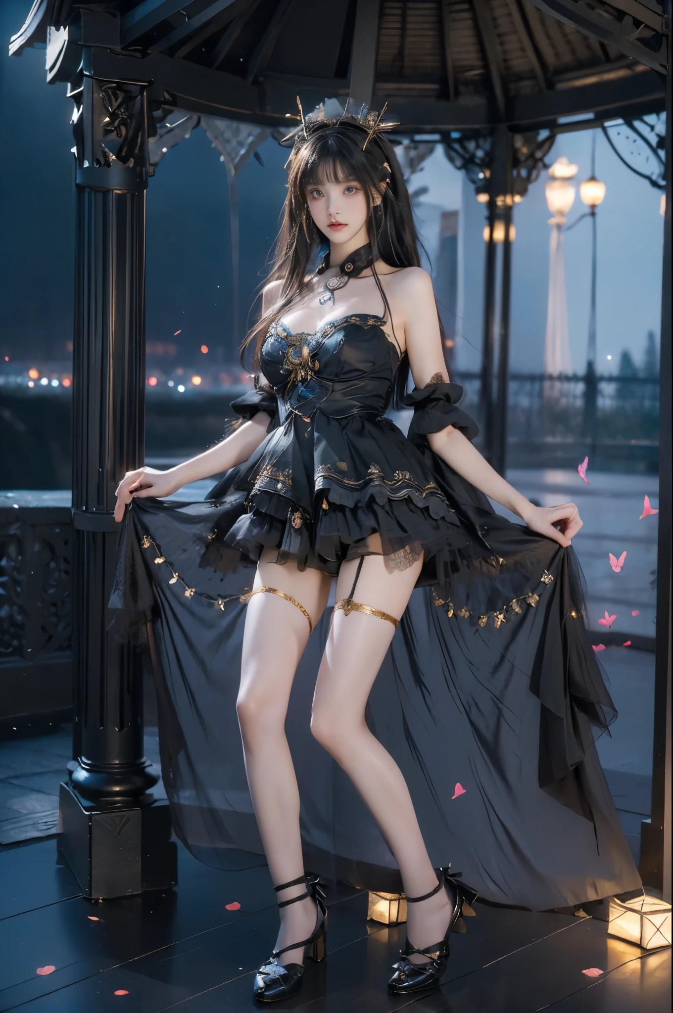 black thighhighs,dress,killer,maid,maid headdress,thighhighs, ((full body:1.4)), ((a beautiful fashion model)), ((in the ancient gazebo, antique in color, leaning against the ornate pillars of the gazebo under a starry night sky)), ((warm ambient lighting with a golden glow)), (anatomically perfect legs:1.4), (long slender legs:1.3), (professional fashion model pose, t-walk proportions), ((blue plasma flames subtly illuminating the scene)), (surrounded by glowing butterflies dancing in the air), ((leaning forward with one hand resting on her knee)), (elegant pose, full breasts with visible cleavage, very short hemlines revealing smooth thighs), (professional fashion model pose), (photorealistic, hyperrealistic details, perfect facial features), (fashion photography with professional lighting), (golden ratio composition), (perfect symmetry, sharp focus), (captured with a Canon EOS R5, 85mm portrait lens), (dramatic and volumetric lighting, cinematic effect), (ultra-detailed textures, 8k resolution), (high-end fashion editorial), ((nighttime ambiance with contrasting warm and cool tones)).