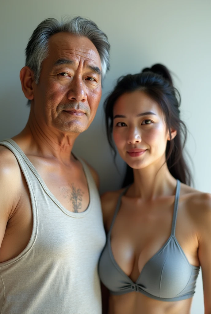 A bald indonesian grandfather, a little white hair on the side, no shirt, yukata pants, sitting in a indonesian-style lounge room.next to him is the grandpa's grandson, a beautiful 25-year-old indonesian girl, wearing a white versece top, smiling.indonesian-style lounge room background.realistic.ultraHD
