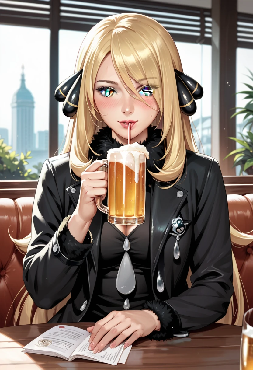 Illustration, Realistic proportions, best quality, high detail, Cynthia from Pokemon, long blonde hair, grey eyes, black coat, black top, sitting in a café, drinking beer, blushing, tipsy, temptatious view