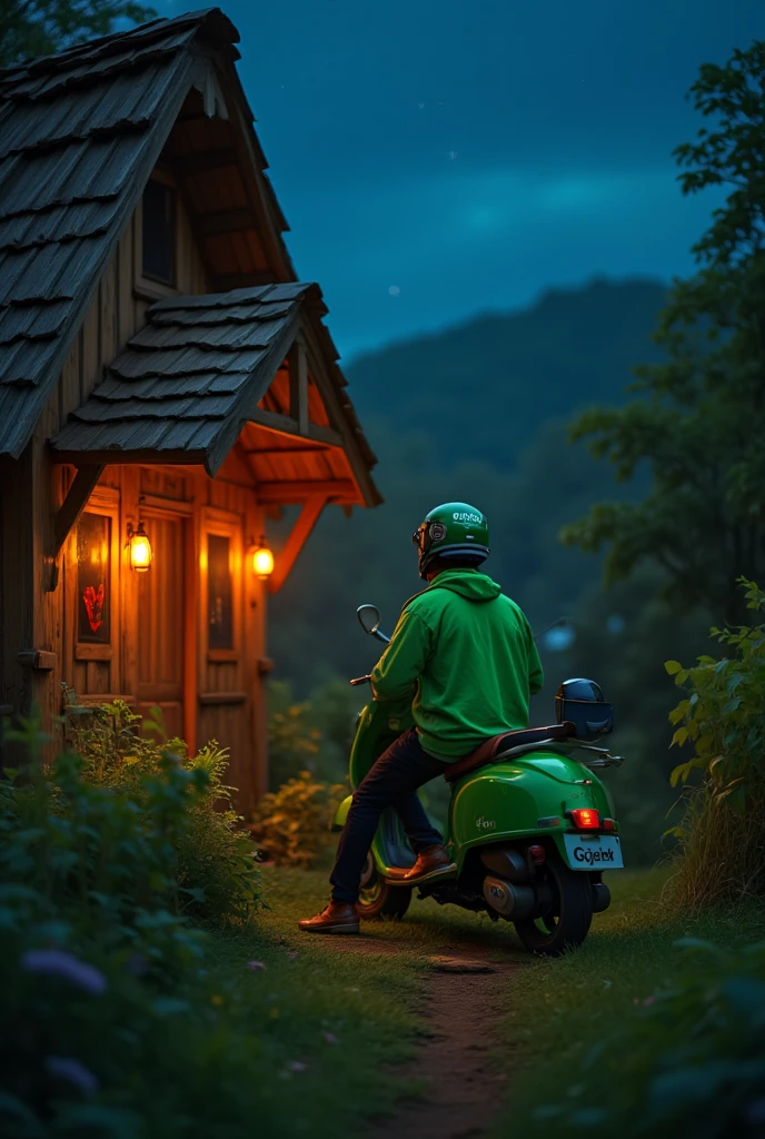 A Gojek delivery driver sits on a green scooter near a cozy wooden house illuminated by warm lights .  The driver wearing a green jacket and helmet bearing the Gojek logo looked contemplative against a background of lush greenery and a starry night sky.  The landscape conveys a sense of adventure and community in the middle of nature .