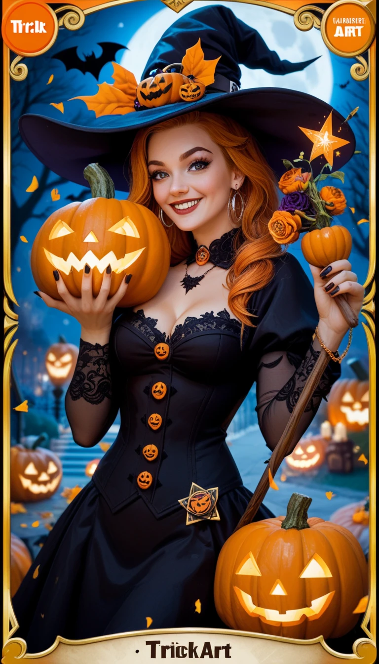 woman in blue dress, holding a basket of pumpkins, in a halloween style, Retro and fantasy style, Halloween atmosphere, Sweet girl, halloween art style, Celebrating Halloween, wallet or life, profile picture, retro fantasy style, style pin-up, beautiful retro art, halloween theme, Pin up, Pin up, Holding a jack in his hands - O - lantern