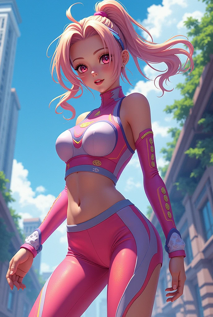 Create a female My Hero Academia character in a complex pose, long hair with short bangs, short pink and light purple clothes
