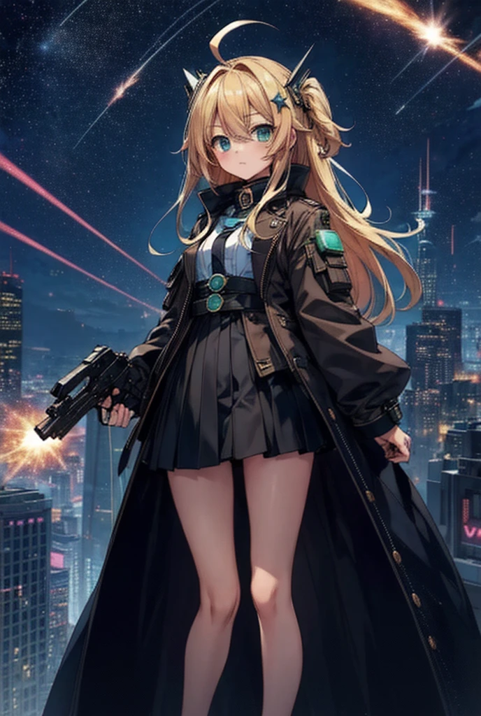 Night town where stars float with futuristic backgrounds 、Tall building roof、 hold two large handguns crossed、 pretty girl with long blond hair 、A small barrette that imitates a meteor、eyes are jade、 miniskirt、big coat 、Ahoge