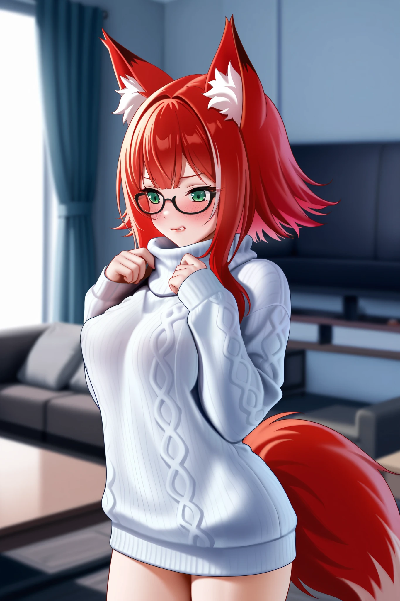 score_9, score_8_up, score_7_up, high detailed, high quality, masterpiece, no text, quality highlights, 8k detail, detailed background, source_anime, dynamic view, hentai, ultra-detailed,
... 1girl, solo, peachsavt, green eyes, glasses, red hair, fox ears,  fox tail, sweater, hands lifting sweater, bare breasts, perky breasts, biting lips, blushing, living room,