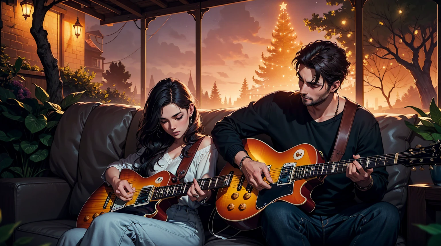 (best quality, highres, masterpiece:1.2), ultra-detailed, a romantic evening scene with a man playing a gibson les paul electric guitar and a woman resting her head on his shoulder . The backdrop in the evening with twinkling lights, and the couple is surrounded by nature, vibrant colors, dramatic lighting