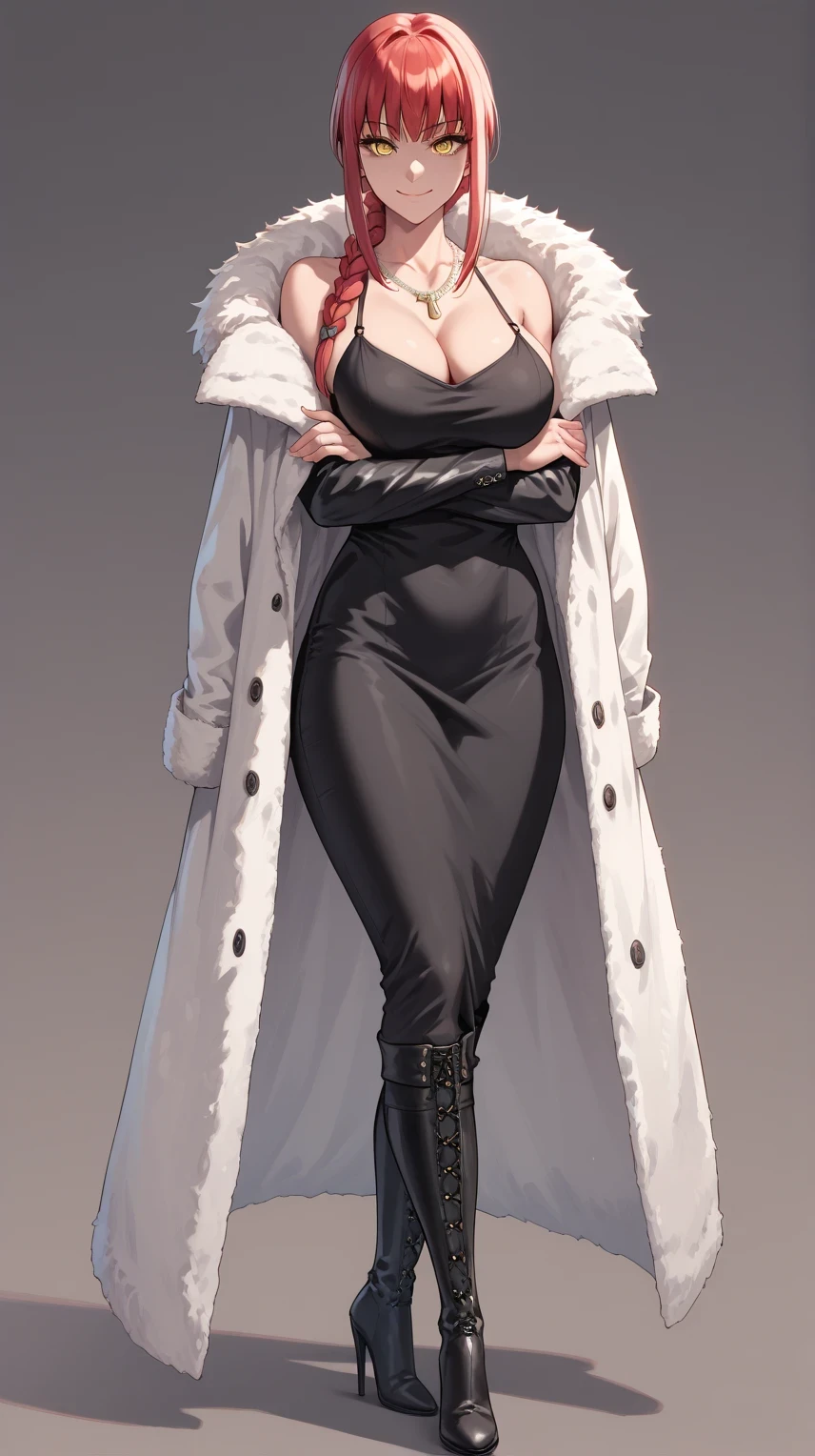  Makima, 1girl, solo, long hair, breasts, smile, bangs, large breasts,yellow eyes, braid, sidelocks, red hair, braided ponytail, ringed eyes, 1girl, solo, jewelry, crossed_arms, necklace, dress, high_heels, Black dress, jacket_on_shoulders, boots, breasts, looking_at_viewer, black_footwear, high_heel_boots, fur_coat, standing, long_sleeves, jacket