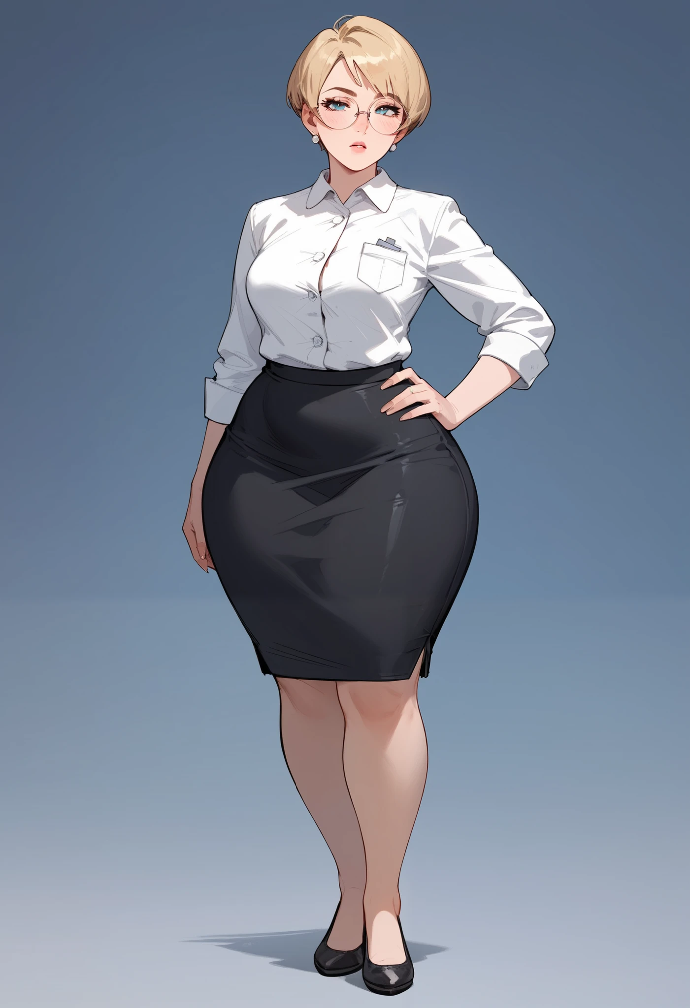 (score_9,score_8_up,score_7_up) 1lady, mature female, adult woman, very short hair, round face, pixie cut hairstyle, blonde hair, wearing glasses, white button up shirt, white lab coat, tight long pencil skirt, very long skirt, long black pencil skirt, half lidded eyes, hand on hip, blank expression, pale, thick thighs, ballerina flats shoes, black footwear, wide hips, standing upright, full body shown, medium breasts, thick legs, massive thighs, older woman, hourglass bodyfigure, long fingernails, natural nails