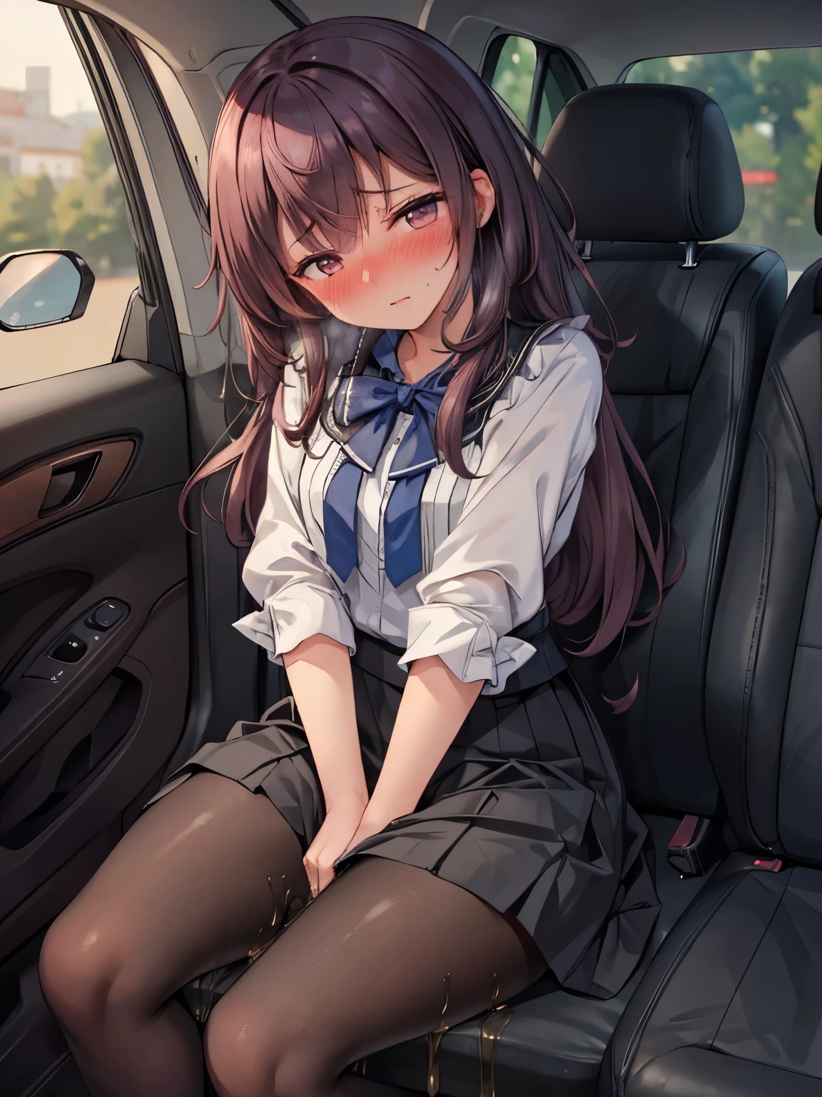 (8K, ultra-detailed, best quality, anatomically perfect body:2), (beautiful breast:1.2), shiny skin, (1 girl), (have to pee), (desperate urge to pee), (very desperate to pee), (her bladder is at its limit:1.5), (in the car, sitting very shallowly:1.6), (She wants to stand up so she lifts her hips from seat:1.2), (fidgeting:1.5), wetting self, (blouse, maxi skirt:1.6), (pantyhose:1.3), ankle boots, panty pull, (Untidy hair:1.4), (She grab her crotch very hard:1.6), (leaning backward), (close your thighs tightly:1.6), (shrugs:1.7), (orgasm:1.5), (full face blush:1.7), (embarrassment:1.6), (impatience:1.7), (flustered:1.5), (flowing sweat:0.7), (twist whole body:1.4), (panting), breathless, (Humiliation), (Erotic feelings), (closed eyes:0.95), (She is very arousal to hold pee), (tear), (head tilt:1.1), (parted lips:1.1), (SIGMA 105 mm F/2.8, 1/100 sec shutter, award-winning), from side, nsfw,