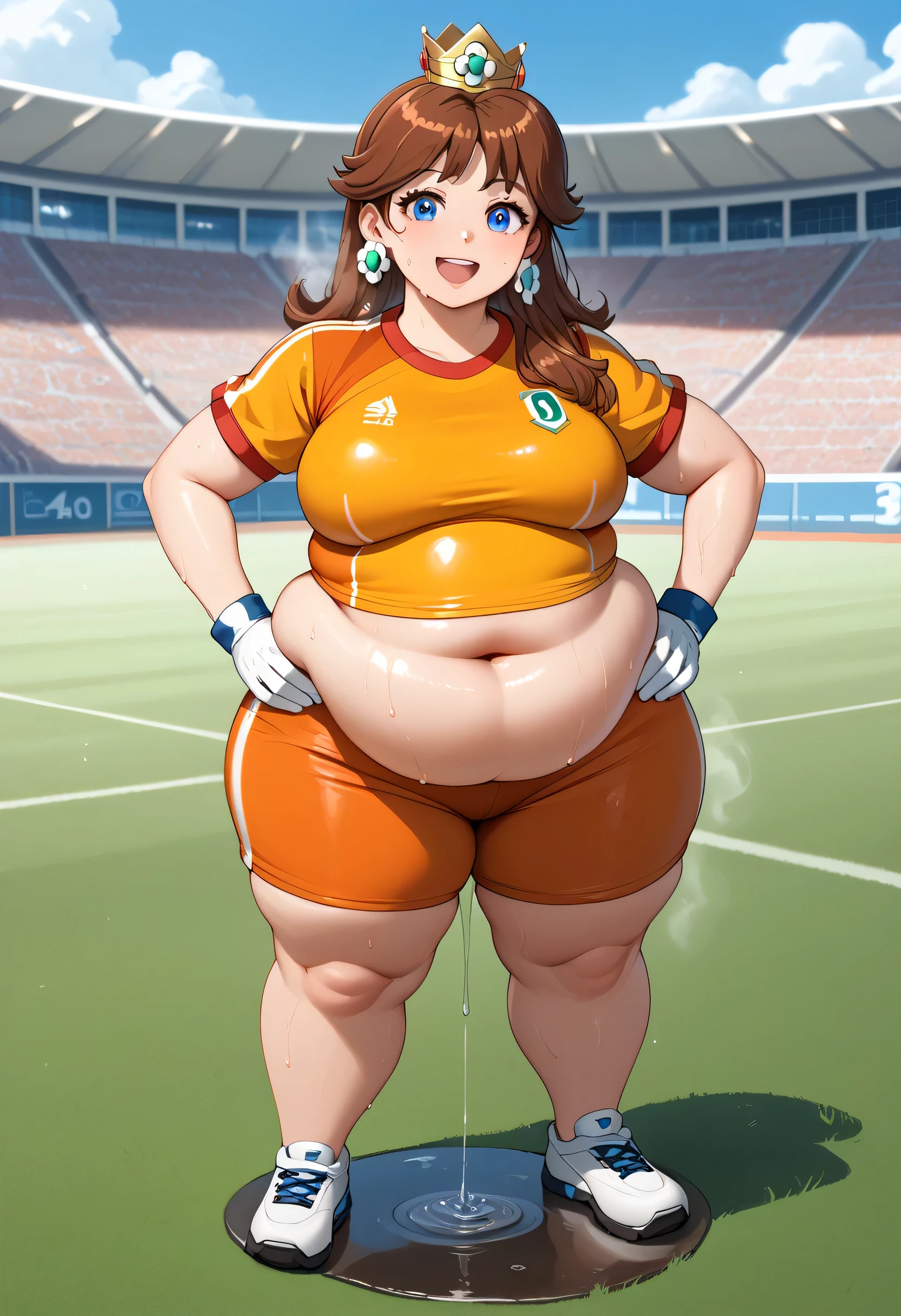 Daisy,brown hair,blue eyes,long hair,flower earrings,small crown, number 8 soccer uniform, short sleeves, white gloves, orange shorts, midriff, number 8, standing, smile, sweaty, exhausted, hand on hips soccer field, science fiction, outdoors, (insanely detailed, masterpiece, best quality), sweating profusely, exhausted, breathing, open mouth, steam coming out of her mouth, tight red gym shorts, tight red gym tank top, hands on hips, dripping sweat, dripplits of sweat on the floor, puddle of sweat, thick, obese, soft belly, chubby, wide hips, sexy hips, full body, big belly, thicc thighs