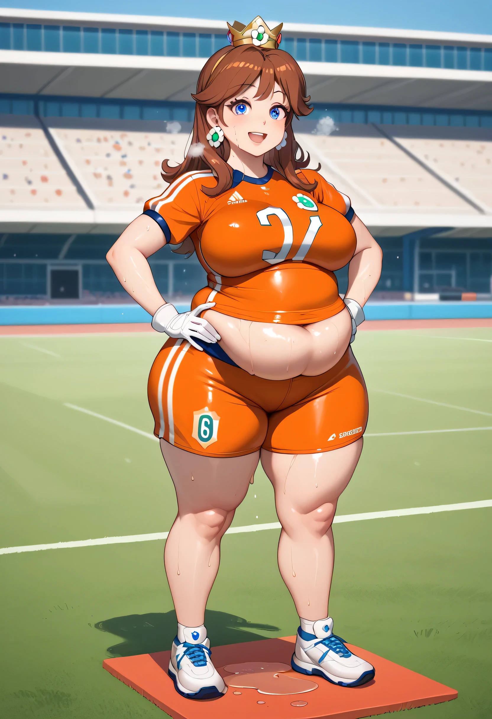 Daisy,brown hair,blue eyes,long hair,flower earrings,small crown, number 8 soccer uniform, short sleeves, white gloves, orange shorts, midriff, number 8, standing, smile, sweaty, exhausted, hand on hips soccer field, science fiction, outdoors, (insanely detailed, masterpiece, best quality), sweating profusely, exhausted, breathing, open mouth, steam coming out of her mouth, tight red gym shorts, tight red gym tank top, hands on hips, dripping sweat, dripplits of sweat on the floor, puddle of sweat, thick, obese, soft belly, chubby, wide hips, sexy hips, full body, big belly, thicc thighs