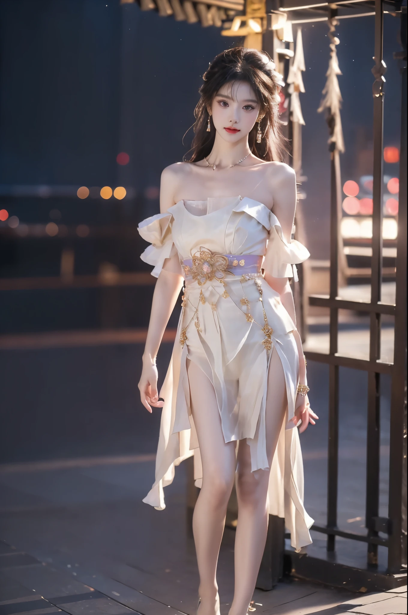 guqinghan, jrys,
high heels,bare shoulders, see-through, jewelry,strapless, collarbone, bracelet, off shoulder,earrings, bow,cleavage, tube dress, strapless dress (masterpiece, best quality, 8k uhd, highres:1.4), (professional fashion model:1.3), ((full body shot)), (anatomically correct legs:1.4), (long slender legs, perfect proportions:1.4), (fashion model t-walk pose), (leaning against antique gazebo pillar), (night scene, starry sky), (ambient golden lighting), (sharp focus:1.2), (photorealistic, hyperrealistic details), (shot on Canon EOS R5, 85mm f/1.4), (professional fashion photography:1.3)