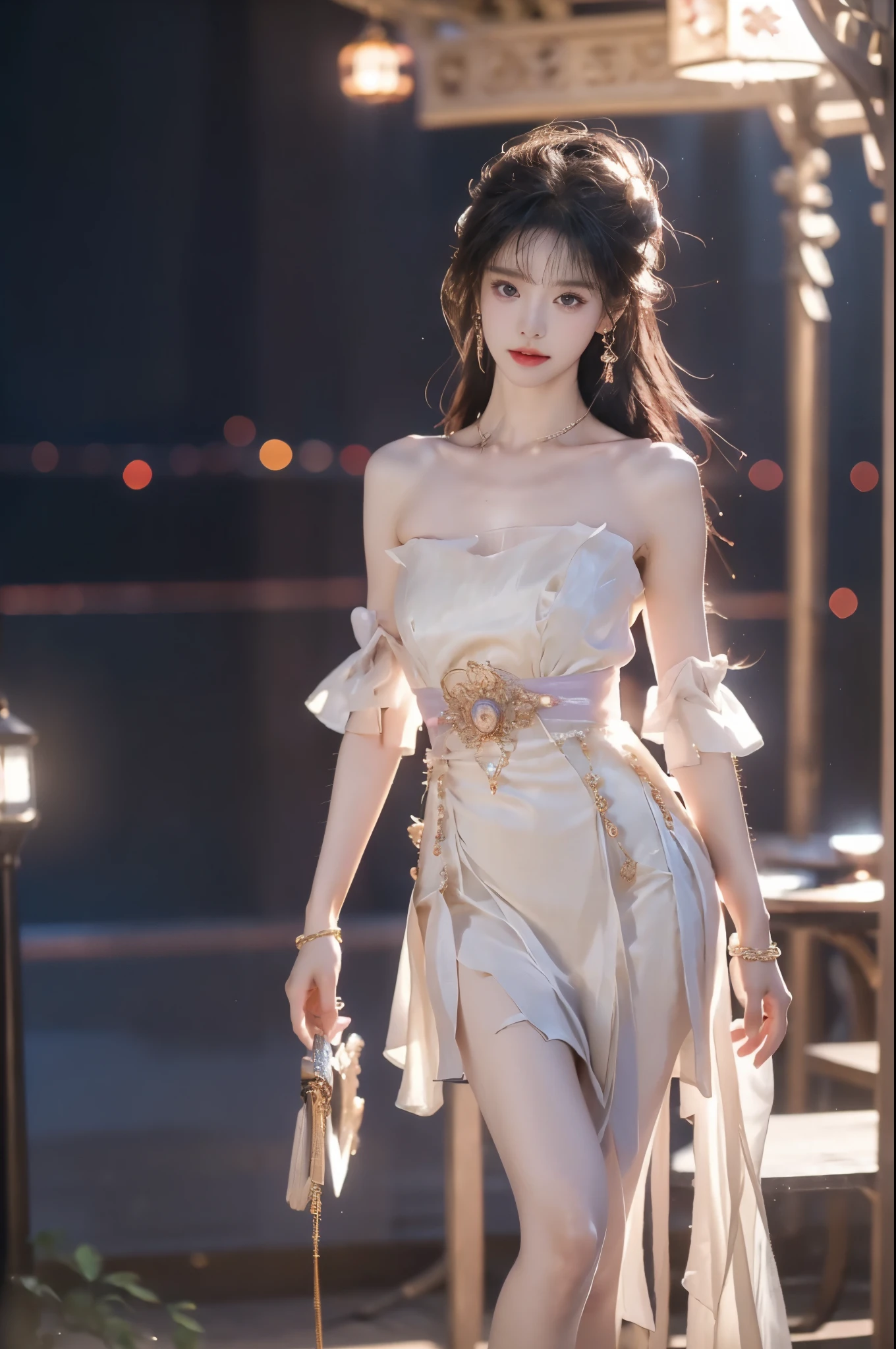 guqinghan, jrys,
high heels,bare shoulders, see-through, jewelry,strapless, collarbone, bracelet, off shoulder,earrings, bow,cleavage, tube dress, strapless dress (masterpiece, best quality, 8k uhd, highres:1.4), (professional fashion model:1.3), ((full body shot)), (anatomically correct legs:1.4), (long slender legs, perfect proportions:1.4), (fashion model t-walk pose), (leaning against antique gazebo pillar), (night scene, starry sky), (ambient golden lighting), (sharp focus:1.2), (photorealistic, hyperrealistic details), (shot on Canon EOS R5, 85mm f/1.4), (professional fashion photography:1.3)