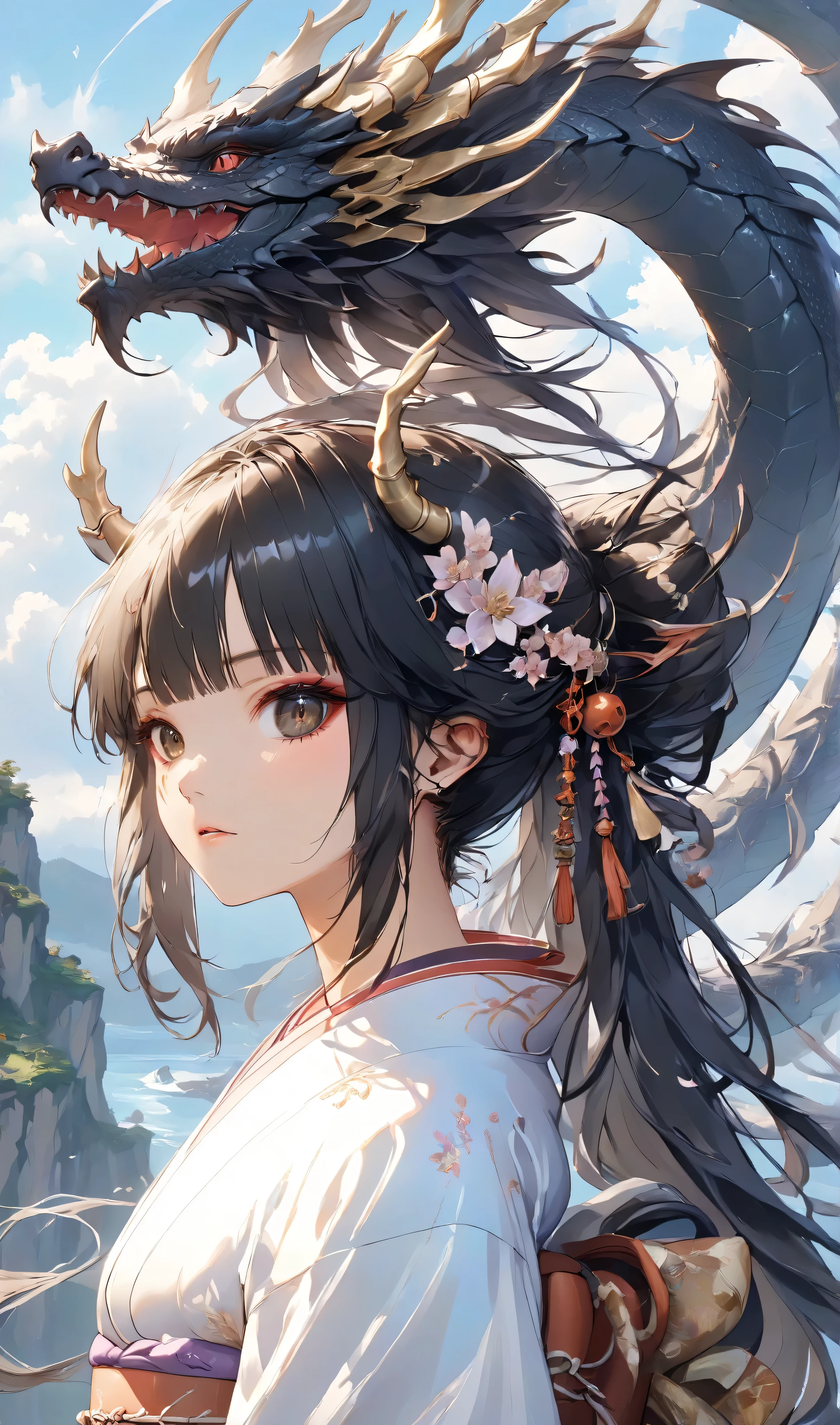 masterpiece, high quality, high resolution, 16K, highly detailed background, digital painting, unreal engine, Makoto Shinkai illustration, hyperrealistic, fantasy, petite girl in kimono, dragon horns, some skin with dragon scales, long eyelashes, beautiful face, beautiful skin, full body, black ponytail, two-tone hair, black eyes, white Kimono, finely drawn ancient black giant dragon menacing, cliff top,