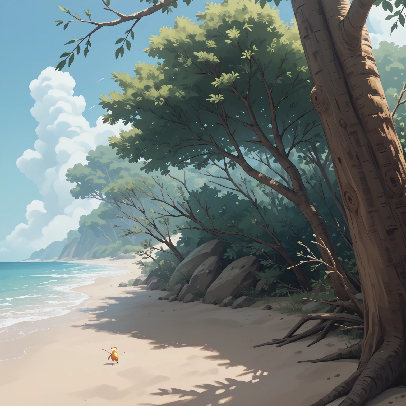 Beach, high altitude, fallen thick tree trunks, branches.Japanese animation style