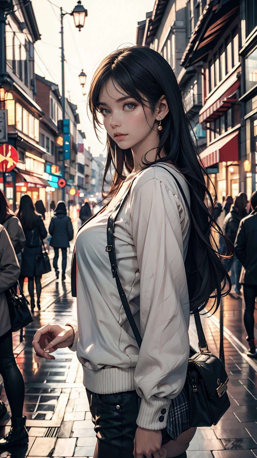 Young woman standing on the street,  blur the background , beautiful,  Photorealistic