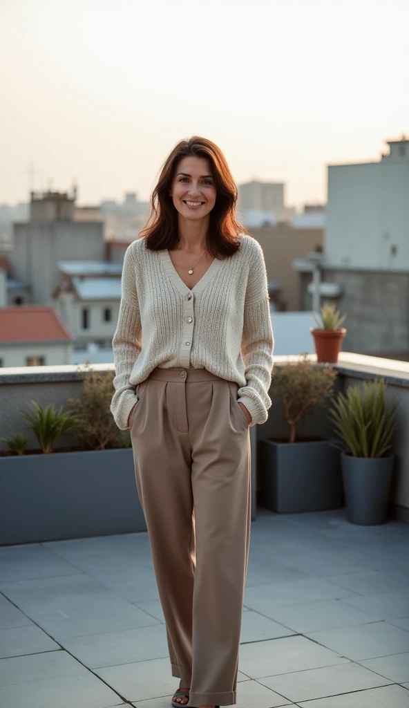 Mariam, 1girl, solo, ((Mauritanian woman)), consistent face and body, ((MILF)), ((30 years old)), (mature), ((slim)), ((Mauritanian face)), (Mauritanian nose), (Mauritanian lips), ((brunette short hair)), upper body and upper legs, (background: overlooking city at sunset), BREAK, (wearing patterned Cardigan and ripped jeans), smirking
