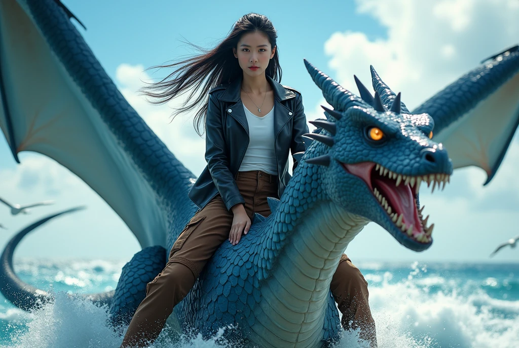 beautiful Standing back Blue Woman Woman riding a dragon