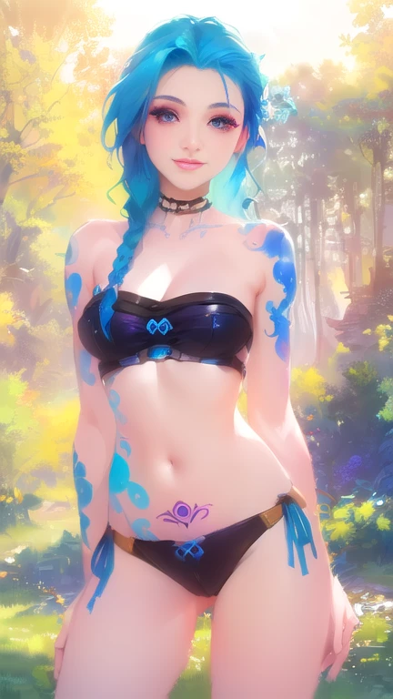  a woman with blue hair and tattoos posing in a field,  extremely detailed artegerm , deviantart artstation cgscosiety, Jinx de League of Legends, Jinx do Arcano, portrait of Jinx do Arcano, Artgerm and Lois van Baarle, Beautiful woman with blue hair ,  fantasy art style , Artstation contest winner, High quality 8K detailed art walking through the forest now artificial intelligence place it aeee