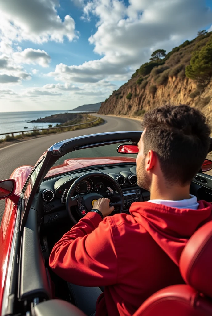 A hyperrealistic photograph of titoworld driving a Ferrari  F630 convertible along a winding coastal road. The image should have a shallow depth of field, capturing the driver in sharp focus against a blurred, sun-drenched background. Pay attention to the intricate details of the car, such as the leather interior and the reflective chrome accents