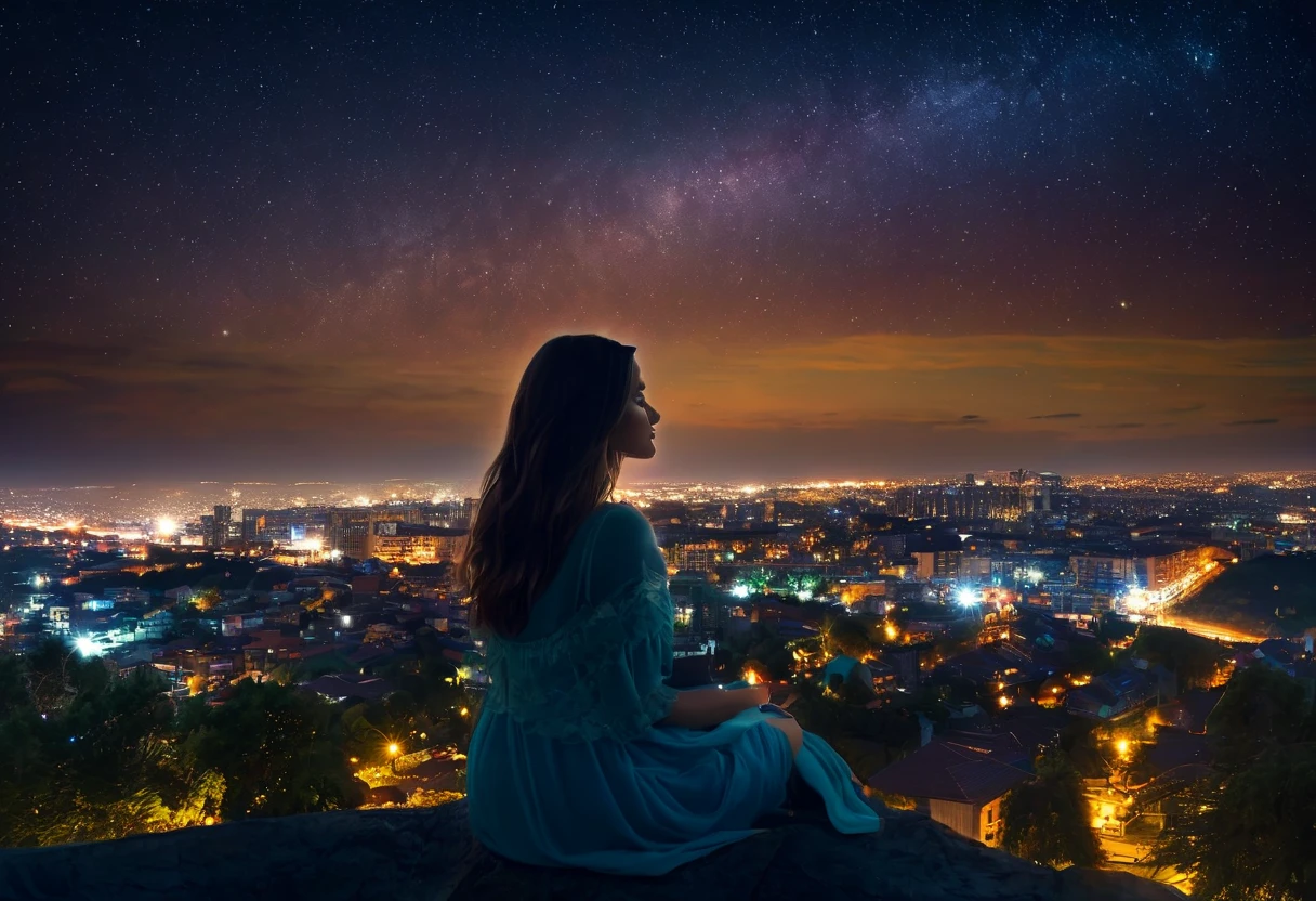 octans, sky, star (sky), scenery, starry sky, night, 1girl, night sky, solo, outdoors, building, cloud, milky way, sitting, tree, long hair, city, silhouette, cityscape