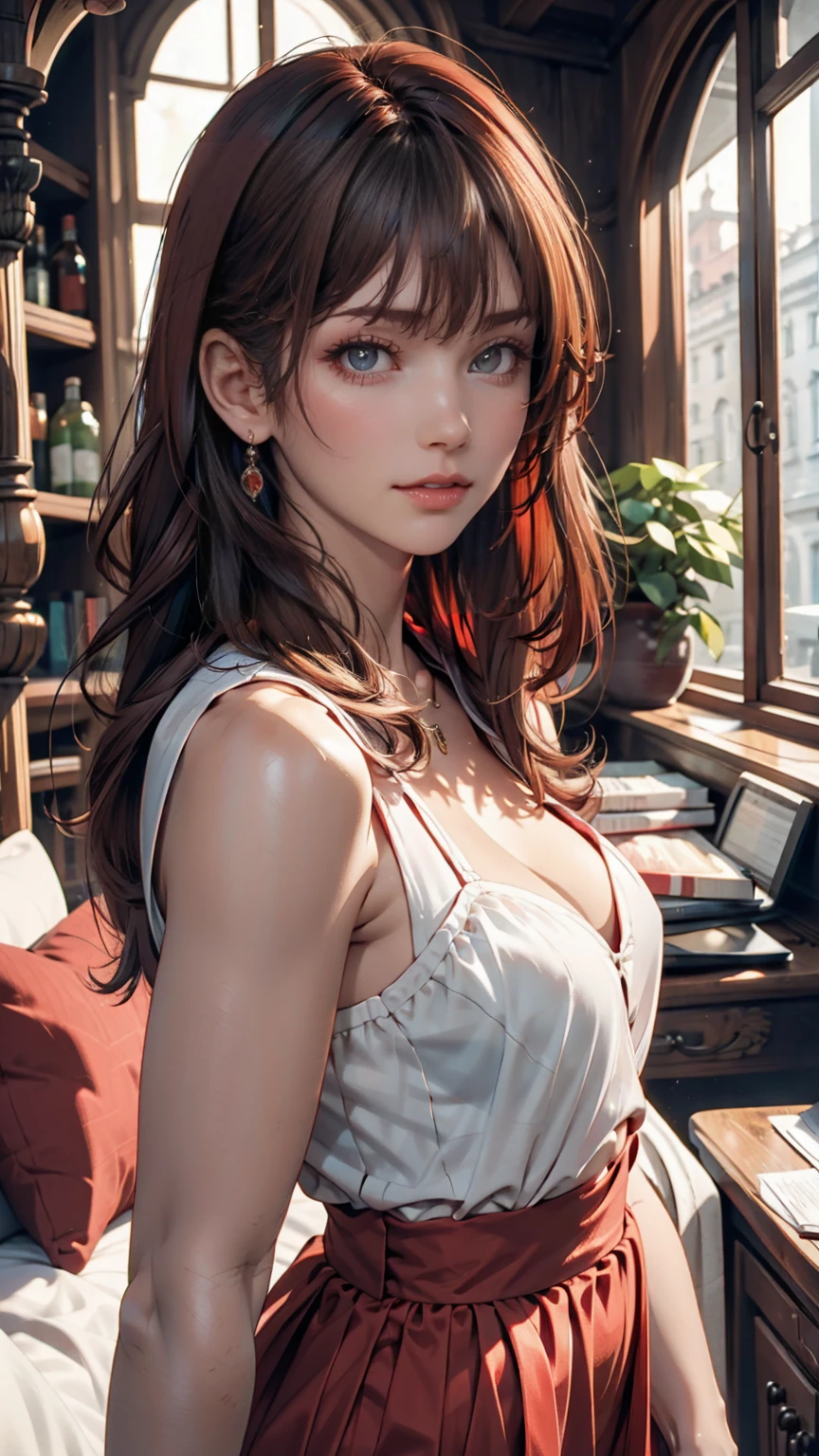 Very detailed、Seductive erotic woman, A shirt that fits snugly against the skin, (Big Breasts, My chest is so big that it tears my shirt, Redhead), Focus on the face, Focus on the face, Complex eyes,
